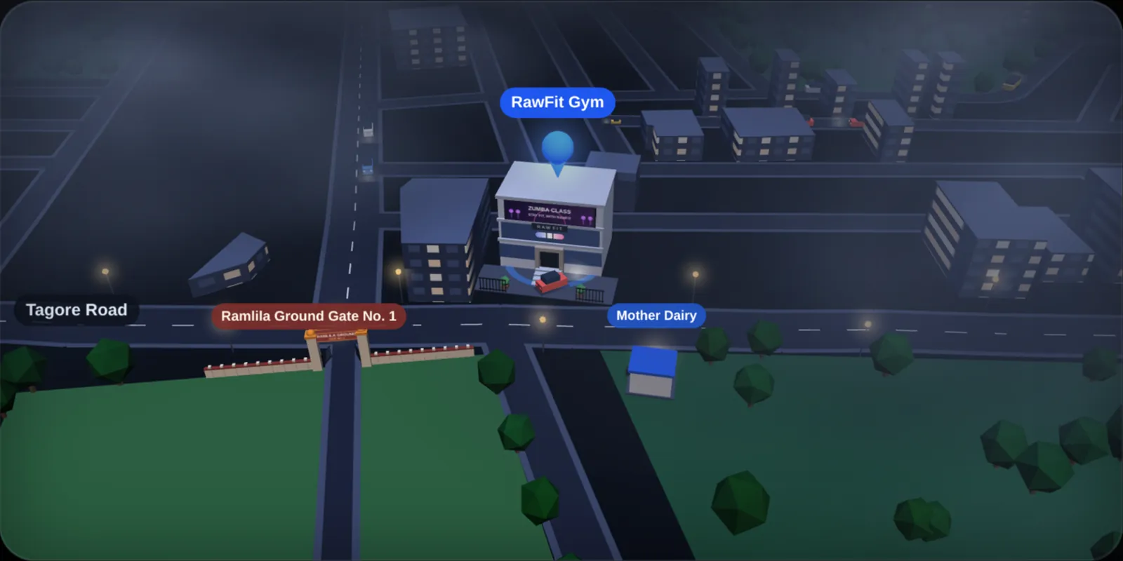 Illustrated 3D map: RawFit Gym on Tagore Road, opposite Ramlila Ground in Kavi Nagar, Ghaziabad